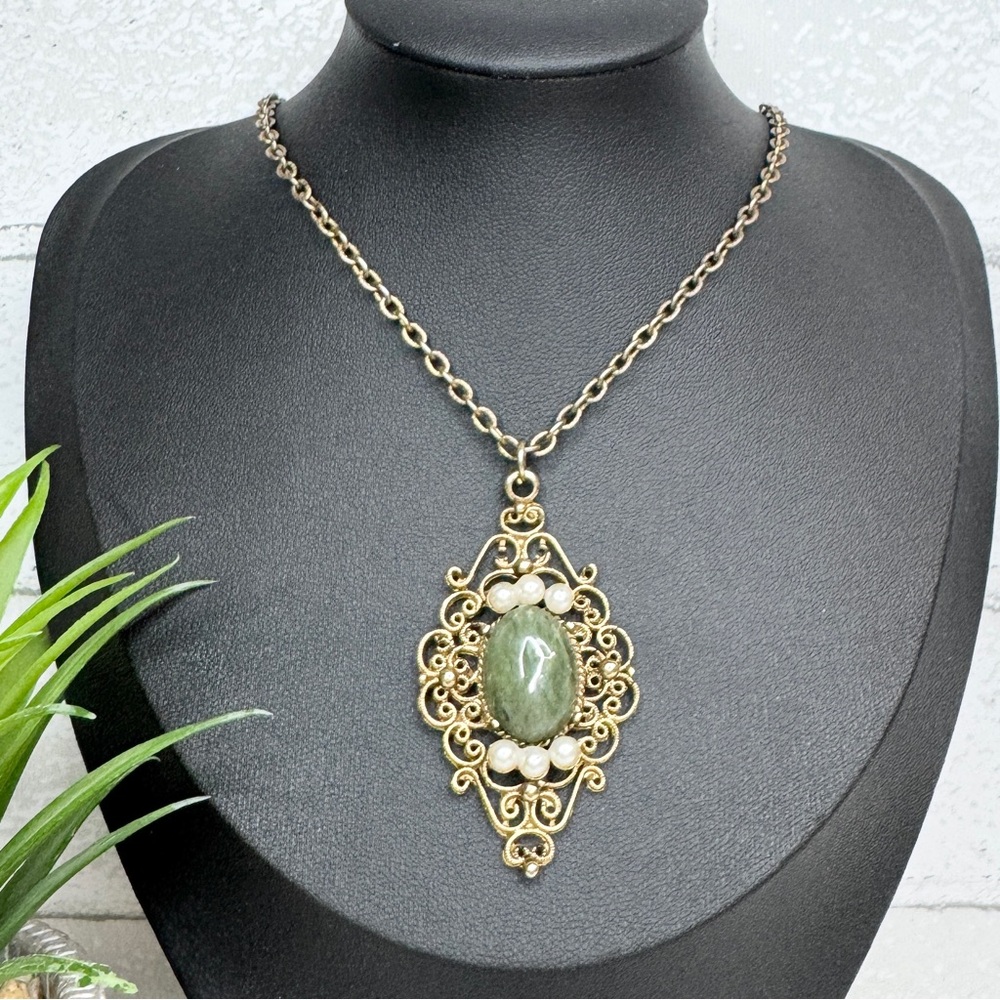 Vintage 70s Nephrite Jade Victorian Revival Filigree Gold Tone Pendant Necklace